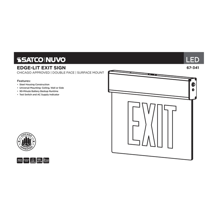 SATCO/NUVO Edge Lit Exit Sign Chicago Approved White Housing 120-277V 90-Minute Backup Double Face Surface Mounting (67-341)
