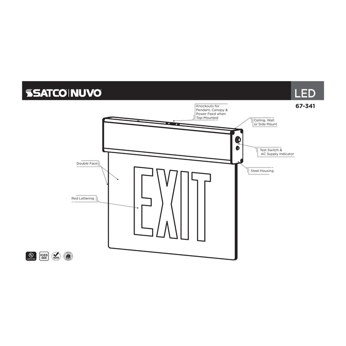 SATCO/NUVO Edge Lit Exit Sign Chicago Approved White Housing 120-277V 90-Minute Backup Double Face Surface Mounting (67-341)