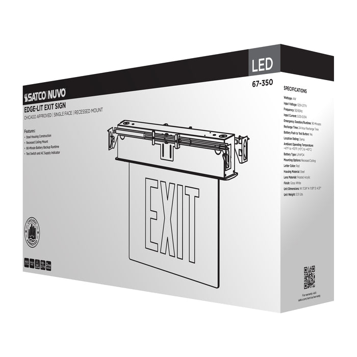 SATCO/NUVO Edge Lit Exit Sign Chicago Approved White Housing 120-277V 90-Minute Backup Single Face Recessed Ceiling And Wall Mounting (67-350)
