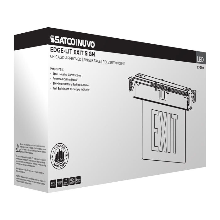 SATCO/NUVO Edge Lit Exit Sign Chicago Approved White Housing 120-277V 90-Minute Backup Single Face Recessed Ceiling And Wall Mounting (67-350)