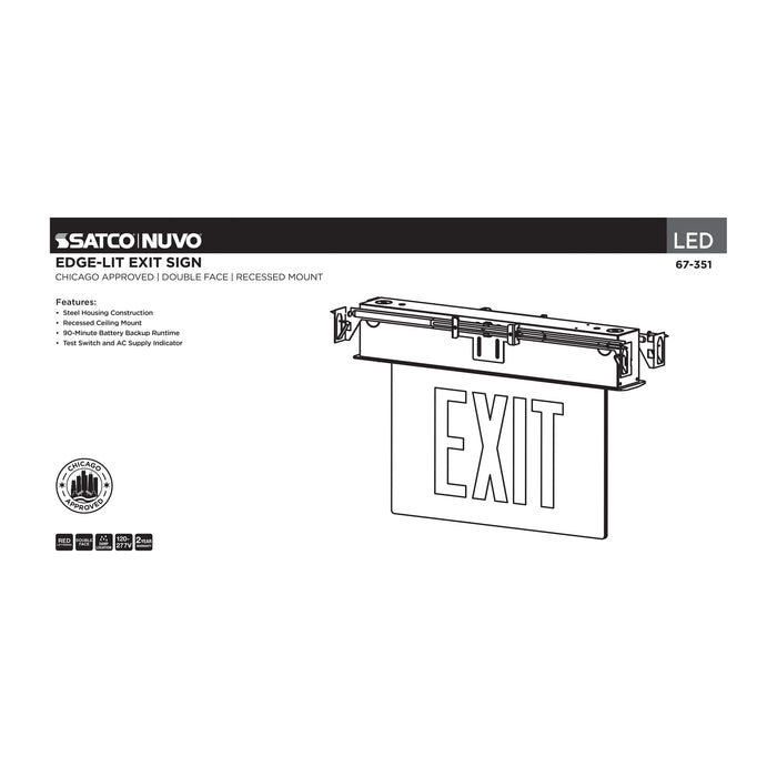 SATCO/NUVO Edge Lit Exit Sign Chicago Approved White Housing 120-277V 90-Minute Backup Double Face Recessed Ceiling And Wall Mounting (67-351)