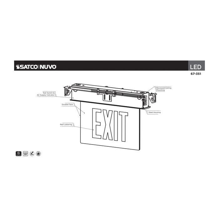 SATCO/NUVO Edge Lit Exit Sign Chicago Approved White Housing 120-277V 90-Minute Backup Double Face Recessed Ceiling And Wall Mounting (67-351)