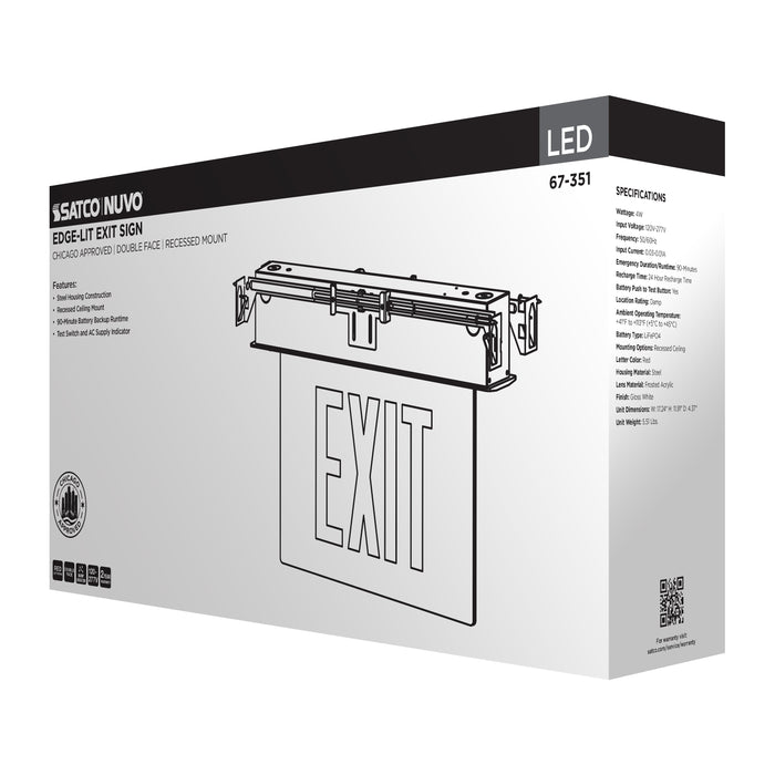 SATCO/NUVO Edge Lit Exit Sign Chicago Approved White Housing 120-277V 90-Minute Backup Double Face Recessed Ceiling And Wall Mounting (67-351)