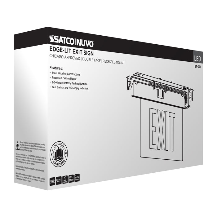 SATCO/NUVO Edge Lit Exit Sign Chicago Approved White Housing 120-277V 90-Minute Backup Double Face Recessed Ceiling And Wall Mounting (67-351)