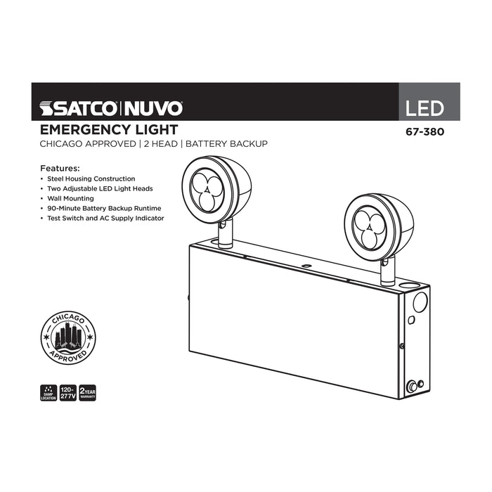 SATCO/NUVO Emergency Light Chicago Approved White Housing 120-277V 90-Minute Backup Dual Head Surface Mounting (67-380)