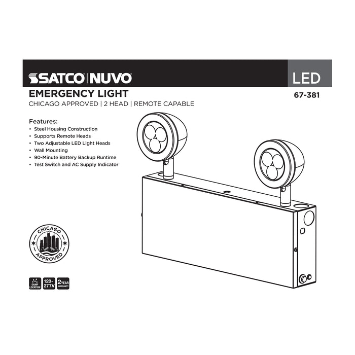 SATCO/NUVO Emergency Light Chicago Approved White Housing 120-277V 90-Minute Backup Dual Head Surface Mounting Remote Capable (67-381)