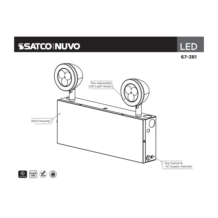 SATCO/NUVO Emergency Light Chicago Approved White Housing 120-277V 90-Minute Backup Dual Head Surface Mounting Remote Capable (67-381)