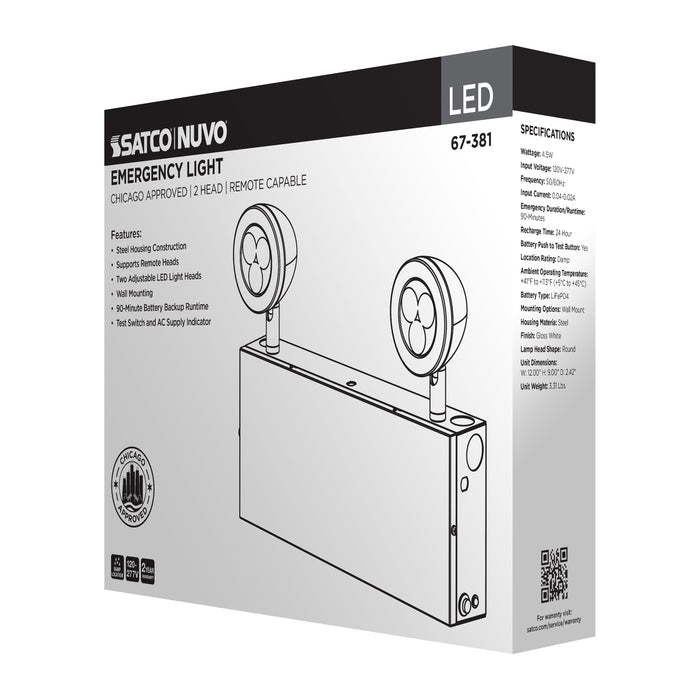SATCO/NUVO Emergency Light Chicago Approved White Housing 120-277V 90-Minute Backup Dual Head Surface Mounting Remote Capable (67-381)