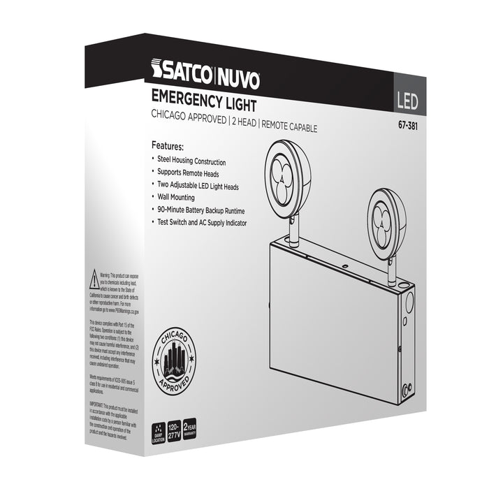SATCO/NUVO Emergency Light Chicago Approved White Housing 120-277V 90-Minute Backup Dual Head Surface Mounting Remote Capable (67-381)