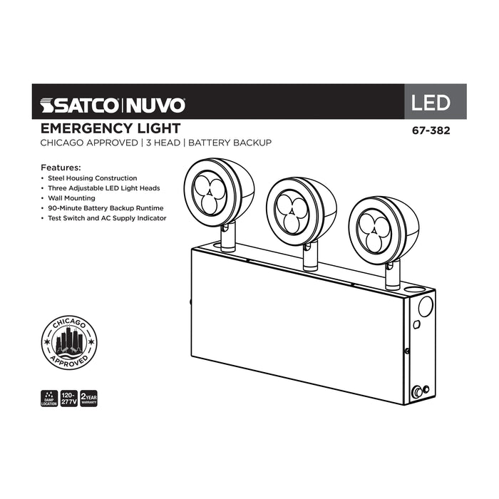 SATCO/NUVO Emergency Light Chicago Approved White Housing 120-277V 90-Minute Backup Triple Head Surface Mounting (67-382)