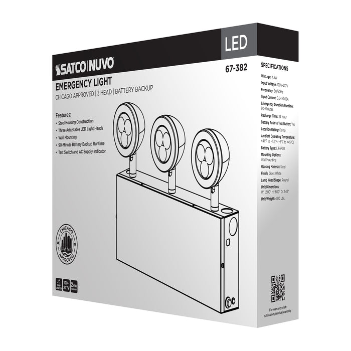SATCO/NUVO Emergency Light Chicago Approved White Housing 120-277V 90-Minute Backup Triple Head Surface Mounting (67-382)