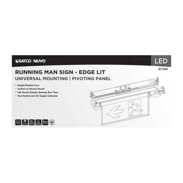 SATCO/NUVO Running Man Green Edge Lit Exit Sign 120-347V 2-Hour Backup Single/Dual Face Universal Surface Or Recessed Mounting Pivoting Panel (67-530)