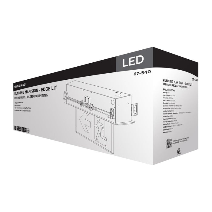 SATCO/NUVO Running Man Green Edge Lit Exit Sign 120-347V 2-Hour Backup Single/Dual Face Premium Flush Recessed Mounting (67-540)