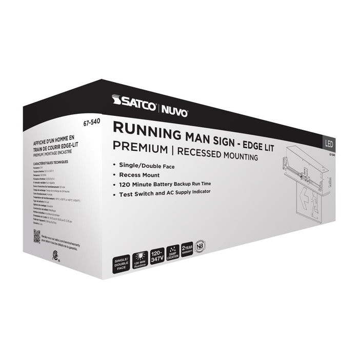 SATCO/NUVO Running Man Green Edge Lit Exit Sign 120-347V 2-Hour Backup Single/Dual Face Premium Flush Recessed Mounting (67-540)