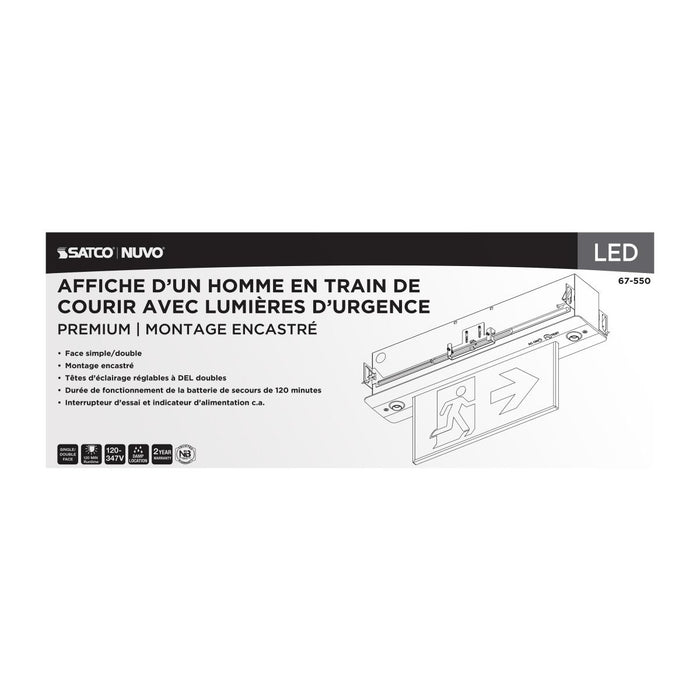 SATCO/NUVO Running Man Green Combo Edge Lit Exit Sign/Emergency Light 120-347V 2-Hour Backup Single/Dual Face Premium Flush Recessed Mounting (67-550)