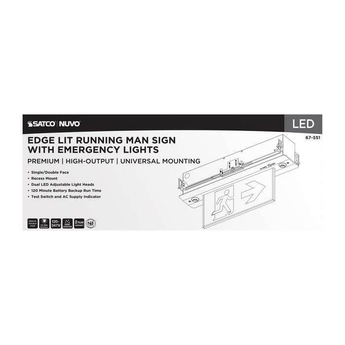 SATCO/NUVO Running Man Green Combo Edge Lit Exit Sign/Emergency Light 120-347V 2-Hour Backup Single/Dual Face Premium Flush Recessed Mounting High Output Lamps (67-551)
