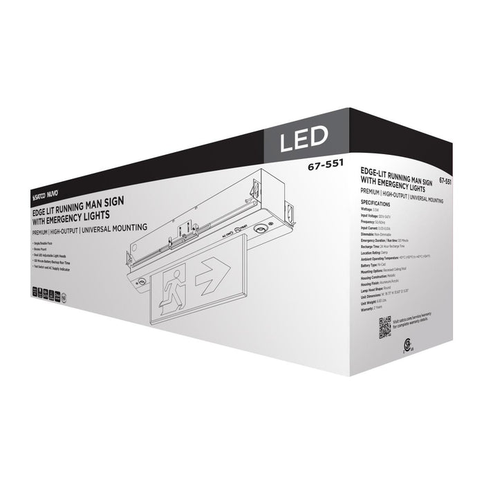 SATCO/NUVO Running Man Green Combo Edge Lit Exit Sign/Emergency Light 120-347V 2-Hour Backup Single/Dual Face Premium Flush Recessed Mounting High Output Lamps (67-551)