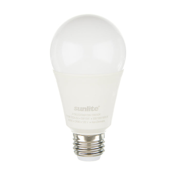 Sunlite A19/LED/3WAY/5W-15W/40K 3-Way LED A19 Bulb 5W/9W/15W 120V 4000K 80 CRI Non-Dimmable Medium E26 Base (70324-SU)
