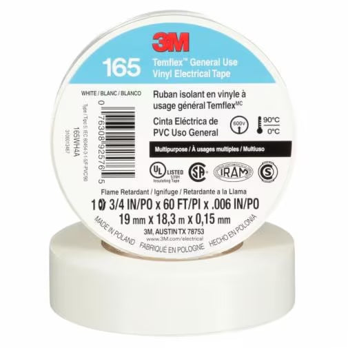 3M Temflex Vinyl Electrical Tape 165 White 3/4 Inch X 60 Foot/19 Mm X 18 M 6 Mil