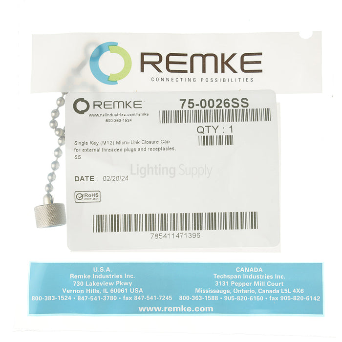 Remke Single Key M12 Micro-Link Closure Cap For External Threaded Plugs And Receptacles Stainless Steel (75-0026SS)