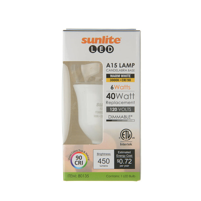 Sunlite A15/LED/6W/930 6W A15 LED Bulb E12 Base Clear Dimmable 90 CRI 3000K 450Lm (80135-SU)