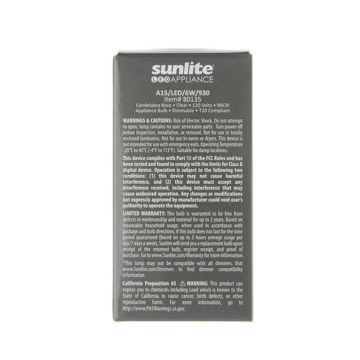 Sunlite A15/LED/6W/930 6W A15 LED Bulb E12 Base Clear Dimmable 90 CRI 3000K 450Lm (80135-SU)