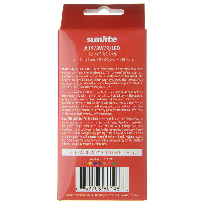 Sunlite A19/3W/R/LED Red LED 120V 3W 100Lm A19 Medium E26 Non-Dimmable (80148-SU)