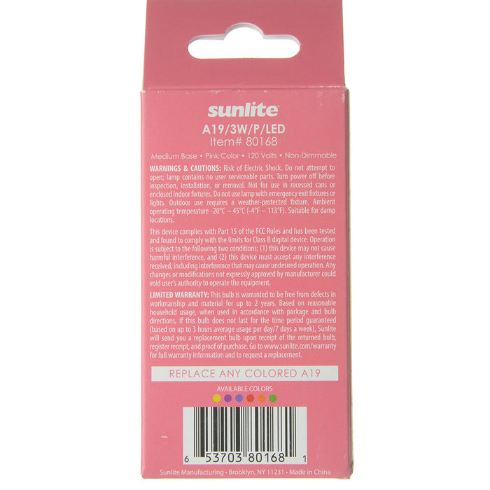 Sunlite A19/3W/P/LED Pink LED 120V 3W 140Lm A19 Medium E26 Non-Dimmable (80168-SU)