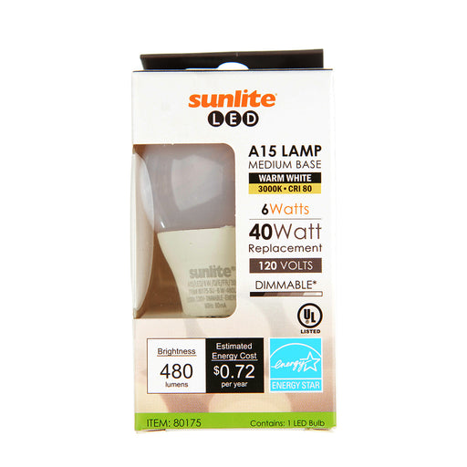Sunlite A15/LED/5.5W/D/E/FR/30K LED A15 Light Bulb 5.5W 40W Equivalent Medium Base E26 450Lm Dimmable White Finish ETL Listed 2700K - Warm White 1 Pack (80175-SU)