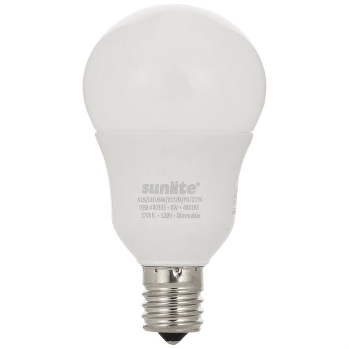 Sunlite A15/LED/6W/E17/D/FR/27K 6W LED A15 Appliance Bulb 2700K Soft White 480Lm 120V 85 CRI Dimmable E17 Base (80335-SU)