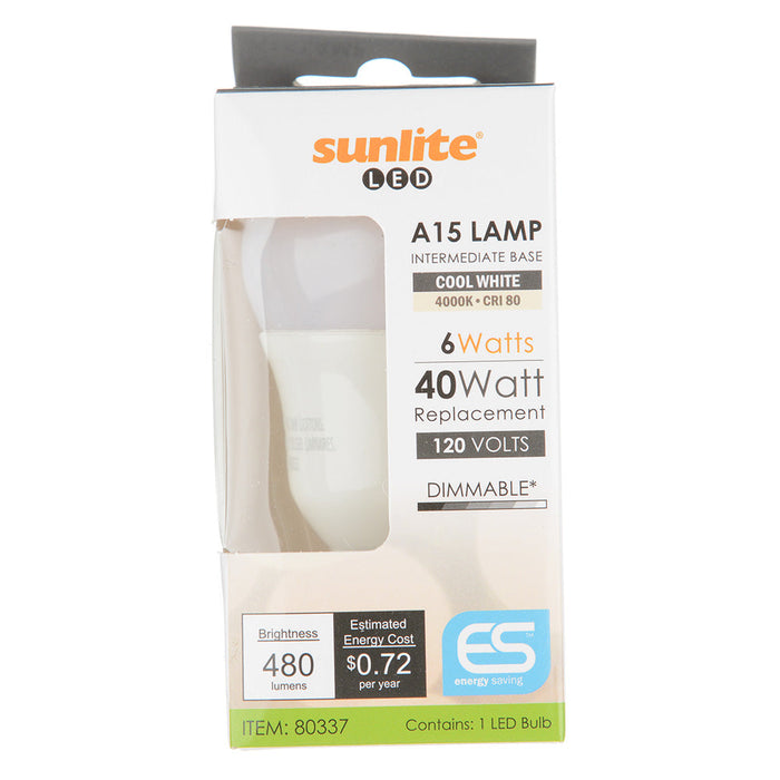 Sunlite A15/LED/6W/E17/D/FR/40K 6W LED A15 Appliance Bulb 4000K Cool White 480Lm 120V 85 CRI Dimmable E17 Base (80337-SU)