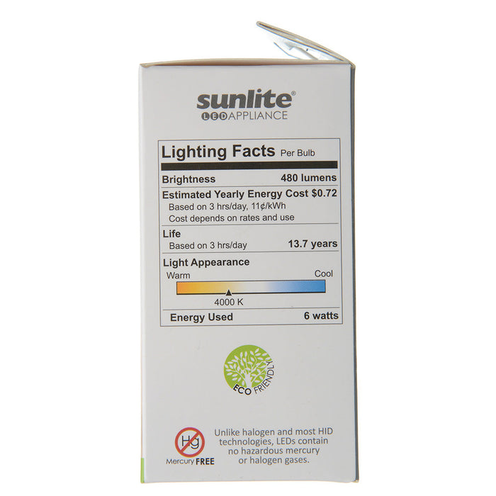 Sunlite A15/LED/6W/E17/D/FR/40K 6W LED A15 Appliance Bulb 4000K Cool White 480Lm 120V 85 CRI Dimmable E17 Base (80337-SU)