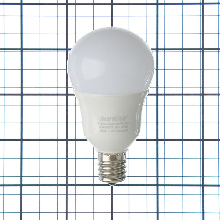 Sunlite A15/LED/6W/E17/D/FR/40K 6W LED A15 Appliance Bulb 4000K Cool White 480Lm 120V 85 CRI Dimmable E17 Base (80337-SU)