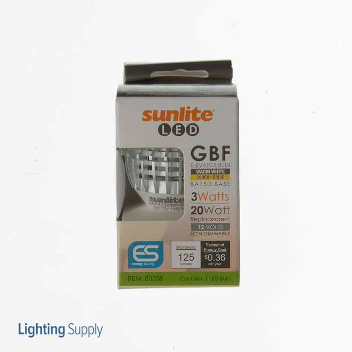 Sunlite GBF/LED/3W/30K 3W LED Elevator Bulb 3000K 125Lm 12V 80 CRI BA15d Double Contact Bayonet Base Non-Dimmable (80358-SU)