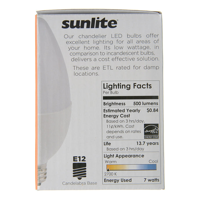 Sunlite CTF/LED/7W/927/6PK 7W LED Decorative Bulb E12 Base Frosted Dimmable Energy Star 90 CRI 2700K 500Lm (80406-SU)