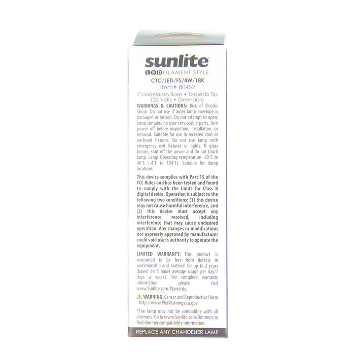 Sunlite CTC/LED/FS/4W/18K 4W LED Filament Style Candelabra Clear Chandelier Bulb 400Lm 80 CRI 1800K 120V Dimmable (80452-SU)