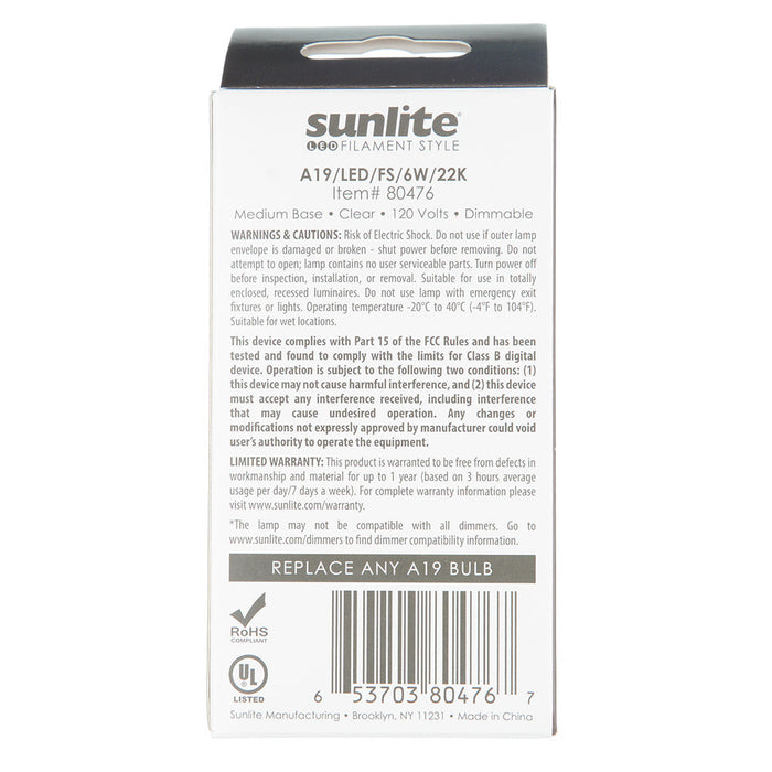 Sunlite A19/LED/FS/6W/22K 6W LED A19 Bulb 600Lm Amber 2000K Medium E26 Base (80476-SU)
