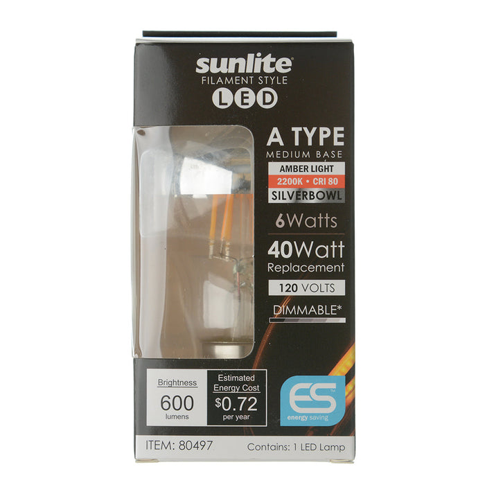 Sunlite A19/LED/AQ/SB/6W/DIM/CL/22K LED 2200K 120V 6W 450Lm A19 Medium E26 Dimmable (80497-SU)