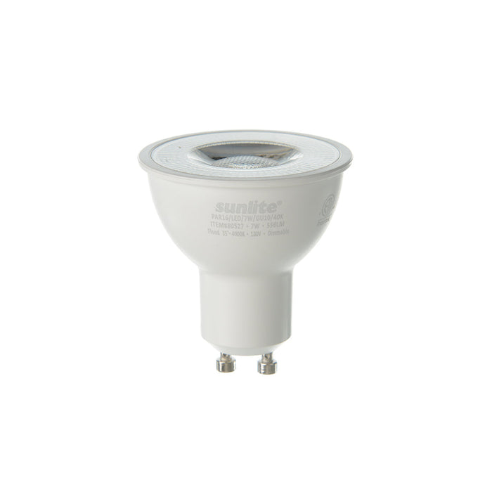 Sunlite PAR16/LED/7W/GU10/40K 7W LED PAR16 Bulb 4000K 550Lm 120V 80 CRI Dimmable 35 Degree Beam GU10 Base (80527-SU)