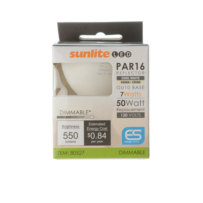 Sunlite PAR16/LED/7W/GU10/40K 7W LED PAR16 Bulb 4000K 550Lm 120V 80 CRI Dimmable 35 Degree Beam GU10 Base (80527-SU)