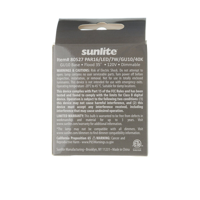 Sunlite PAR16/LED/7W/GU10/40K 7W LED PAR16 Bulb 4000K 550Lm 120V 80 CRI Dimmable 35 Degree Beam GU10 Base (80527-SU)