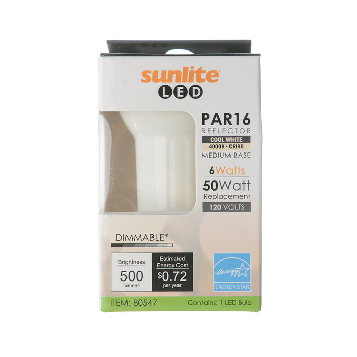 Sunlite PAR16/LED/6W/940 6W LED PAR16 Bulb Dimmable 120V E26 Base 90 CRI 4000K 500Lm (80547-SU)
