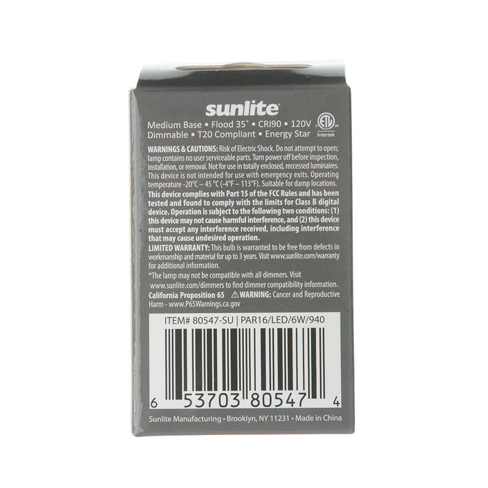 Sunlite PAR16/LED/6W/940 6W LED PAR16 Bulb Dimmable 120V E26 Base 90 CRI 4000K 500Lm (80547-SU)