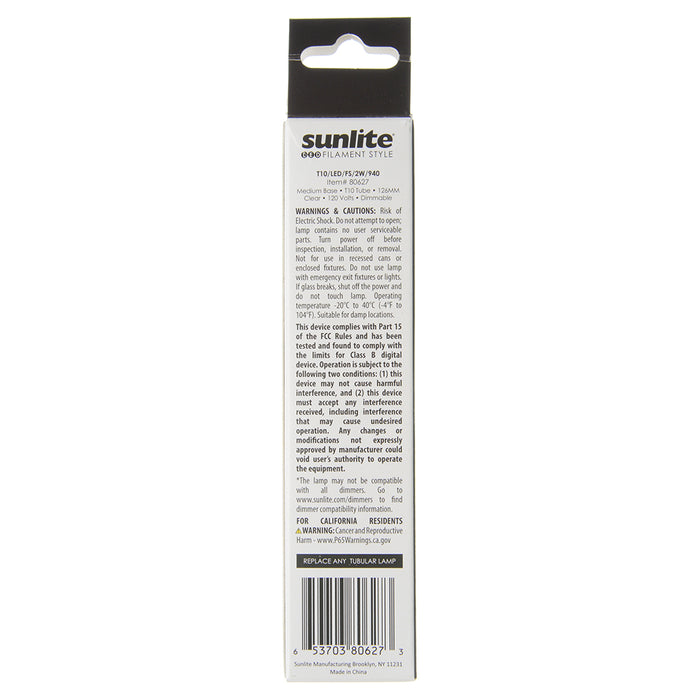 Sunlite T10/LED/FS/2W/940 2W LED Bulb Dimmable E26 Base 90 CRI 4000K 126Mm 160Lm (80627-SU)