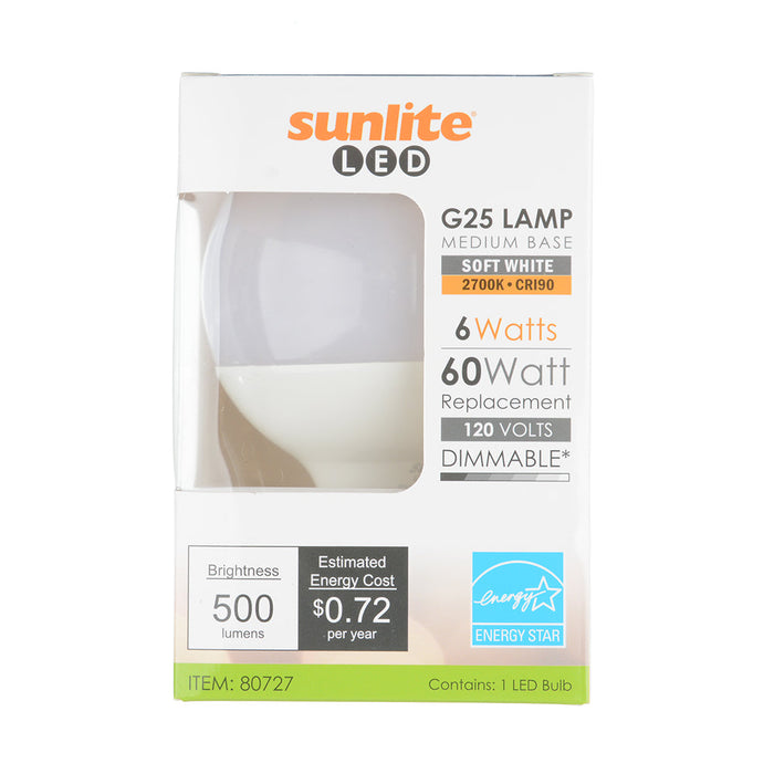 Sunlite G25/LED/6W/927 6W LED G25 Bulb Frosted E26 Base 120V 90 CRI 2700K 520Lm Dimmable Energy Star (80727-SU)
