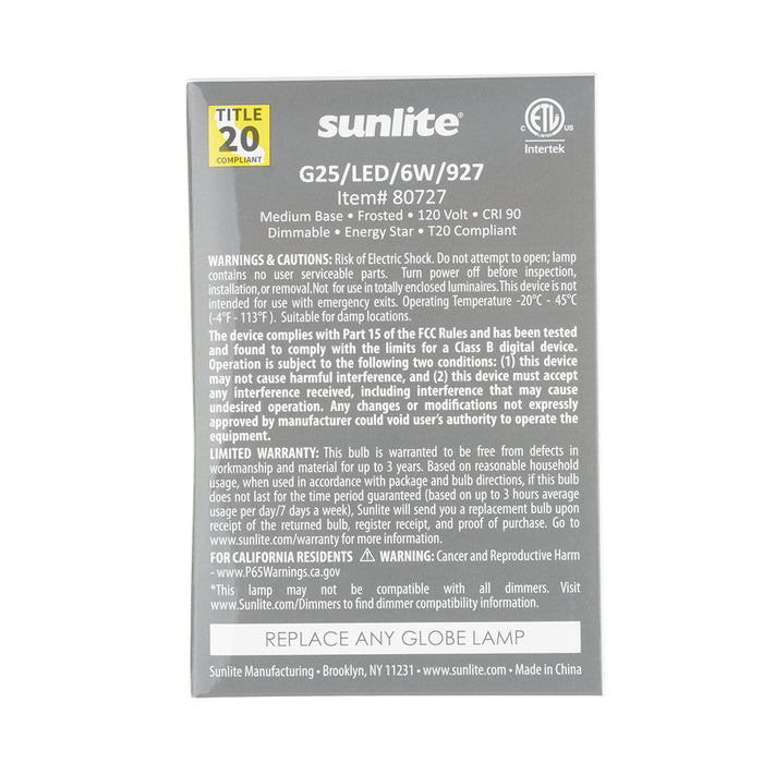 Sunlite G25/LED/6W/927 6W LED G25 Bulb Frosted E26 Base 120V 90 CRI 2700K 520Lm Dimmable Energy Star (80727-SU)