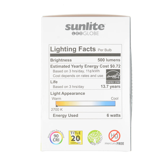 Sunlite G25/LED/6W/927 6W LED G25 Bulb Frosted E26 Base 120V 90 CRI 2700K 520Lm Dimmable Energy Star (80727-SU)