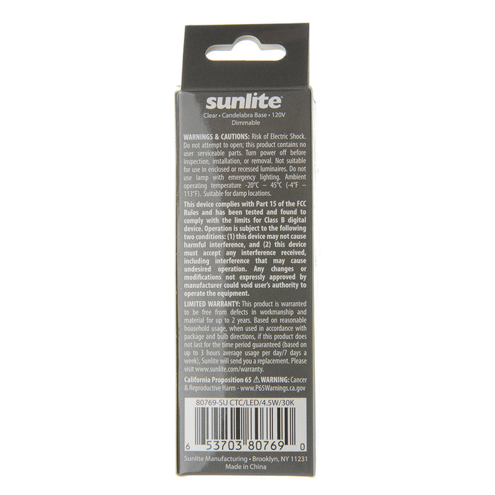 Sunlite CTC/LED/4.5W/30K 5W LED B11 Bulb 300Lm Warm White 3000K Candelabra E12 Base (80769-SU)