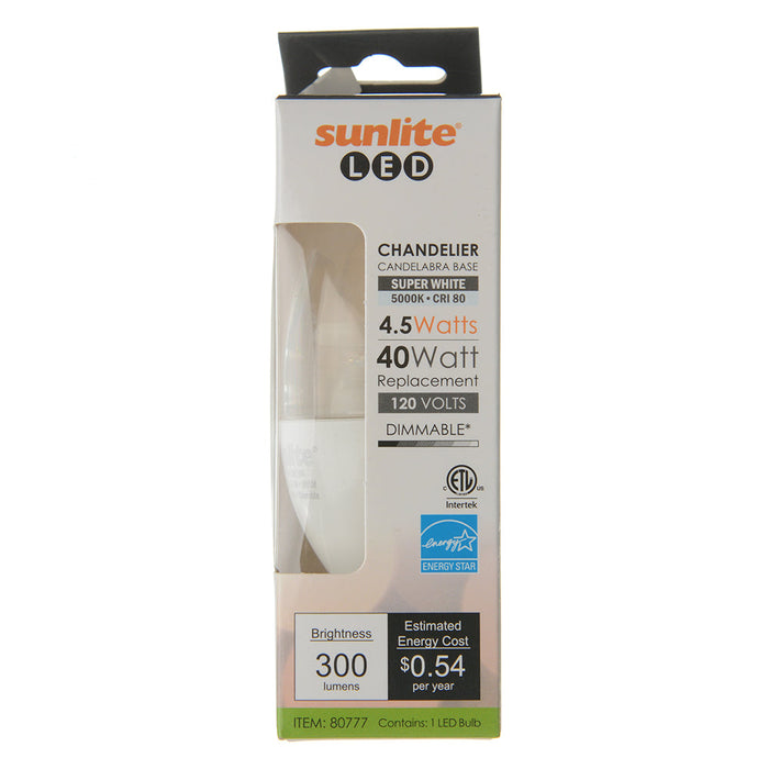 Sunlite CTC/LED/4.5W/50K 5W LED B11 Bulb 300Lm Super White 5000K Candelabra E12 Base (80777-SU)
