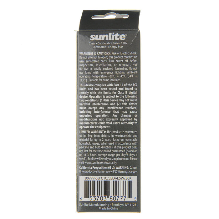 Sunlite CTC/LED/4.5W/50K 5W LED B11 Bulb 300Lm Super White 5000K Candelabra E12 Base (80777-SU)
